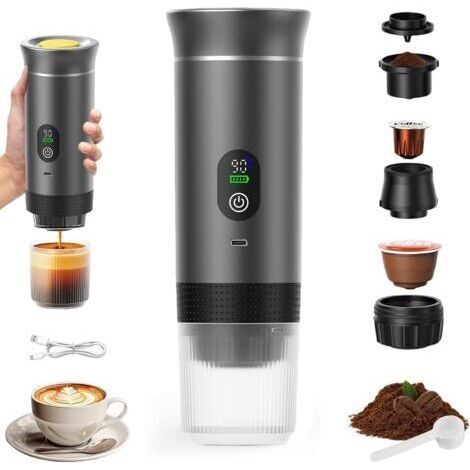 Cafetière Portable 3 en 1,Rechargeable Cafetière Portable de Voyage,12V Expresso Machine a Cafe pour Capsule,Café Moulu,pour Camping,Voyage,Bureau,Voiture,Maison, Gris