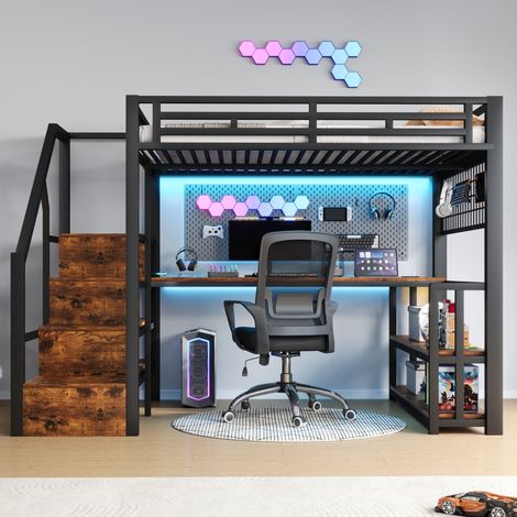 Hochbett Bett 140x200 Stauraum Schreibtisch Schwarz OKMYHOME (1/5)