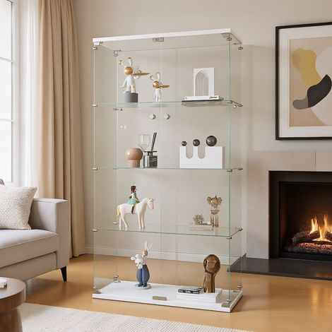 HYTKKBD - Vitrine en Verre,2 Portes,4 Étagères,Vitrine pour Collection,Dimensions 164x80x36 cm,Vitrine Salon,Verre Trempé Transparent,Blanc