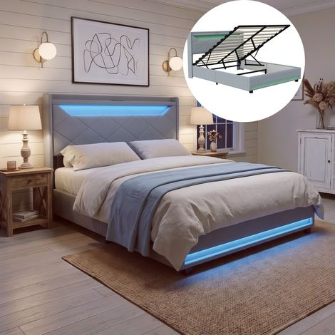 Lit Coffre Double 160x200 cm avec LED RGB et Port USB Tête de Lit Rembourrée Tissu en Lin Cadre de Lit Adulte avec Sommier à Lattes - Gris (1/5)