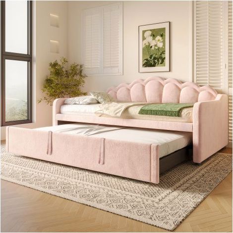 Lit gigogne 90x200 à 180x200cm - Velours rose, éclairage LED multicolore - lit 2 places - Tête de lit ondulée, Gain de place (1/5)