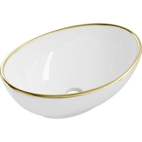 Lavabo cerámico sobre encimera, 40,5x33x14 cm, Blanco/Dorado (1/3)