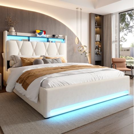 Lit rembourré 140x200 cm en velours beige avec coffre, LED, ports USB et tête de lit de rangement