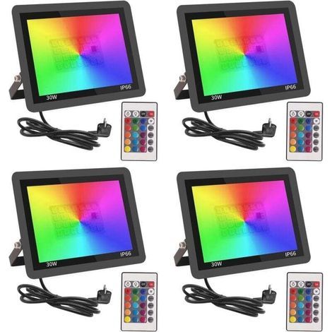 RGB Projecteur LED Extérieur 30W,Spot LED Couleur avec Télécommande,16 Couleurs 4 Modes Dimmable Éclairage Extérieur Murale,Étanche IP66 Luminaire Jardin pour Cour,Terrasse,Noël,Fêtes DJ-4pcs [Classe (1/5)