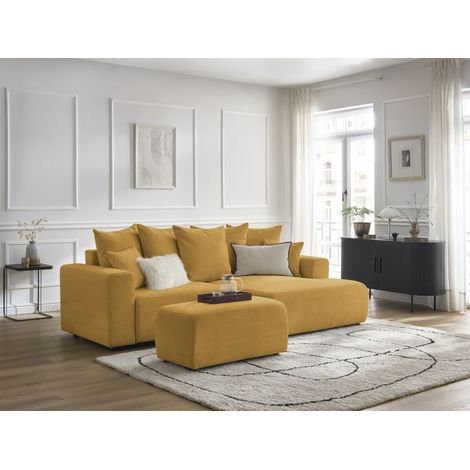 BOBOCHIC - Canapé d'angle convertible coffre ATILLA tissu chiné avec pouf Angle droit Jaune (1/5)