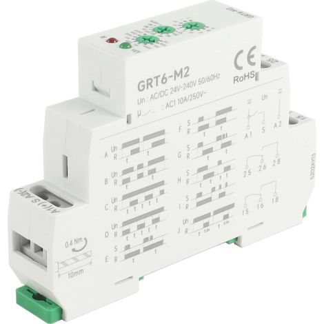 Module multifonction GRT6-M2 : relais temporisé AC/DC 24-240 V, 10 A, 2 contacts, pour montage sur rail DIN. (1/5)