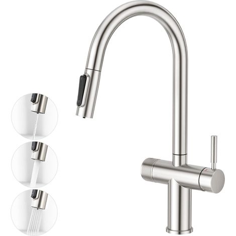 Robinet de Cuisine 3 Voies avec Douchette Extensible, 2 en 1 Mitigeur Monocommande Double Levier Robinet d'évier de Cuisine pour Systèmes Filtre à eau et d'Osmose en acier inoxydable brossé (1/5)