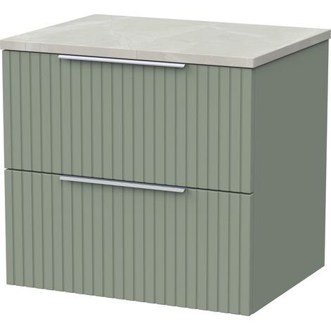 Callingwood Contemporary Wall Hung 2 Drawer Vanity Unit with Marble Plaster Laminate Worktop , 600mm, Reed Green