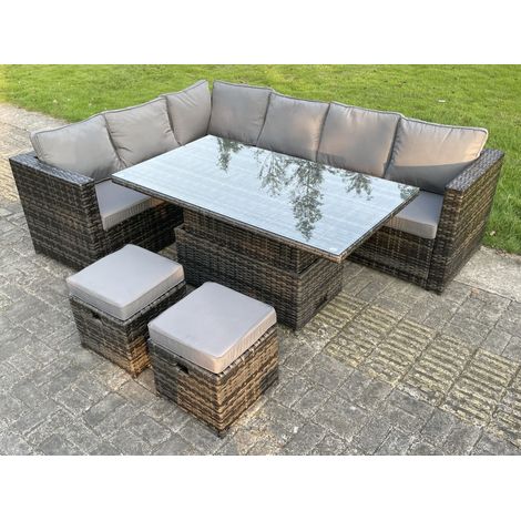 Fimous 8 Seat Dark Mixed Grey Rattan Garden Furniture Corner Sofa Set Adjustable Dining Or Coffee Table Left Side (1/5)