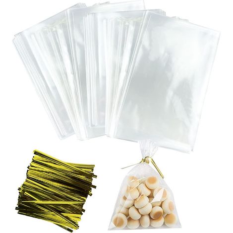 200 Pièces Sachet Plastique Transparent Bbonbon, 15x20cm Sachet Transparent Bonbon, Sachet Biscuit Transparent avec Liens Torsadés, Sachet Plastique Bonbon Convient pour Biscuits Bonbons Chocolats (1/5)