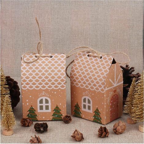 10 stücke Weihnachten Kraftpapier Geschenkboxen Hausform mit Saiten Süßigkeiten Geschenktüten Verpackungsbox für Kinder Geschenkbox Neujahr (1/5)