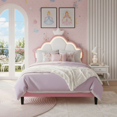 Letto Singolo Bambini/Ragazzi Principessa con Testiera Corona & LED - 90x200 cm - Rosa & Velluto Bianco