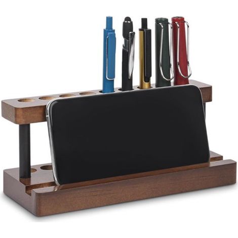 Porte-stylo de bureau en bois - Présentoir à stylos en bois avec 9 emplacements et support pour téléphone - Décoration de bureau élégante - Bureau - Porte-stylo pour la maison