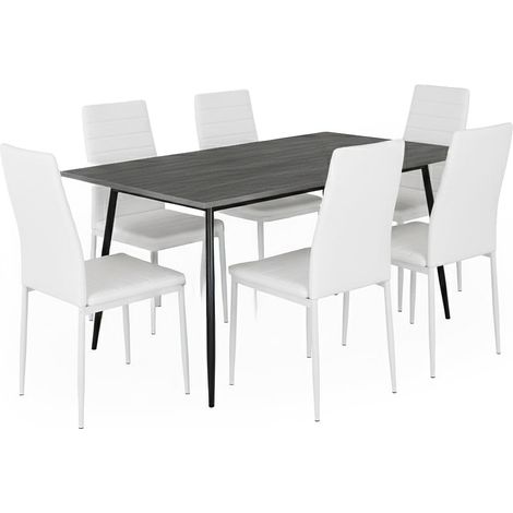 Mesa de Comedor 140cm, Gris Oscuro + 6 Sillas Polipiel, Blanco
