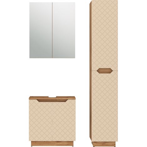 Meubles bain Lotta, Chêne/cachemire avec structure en carreaux, 3 pièces, Vicco (1/5)