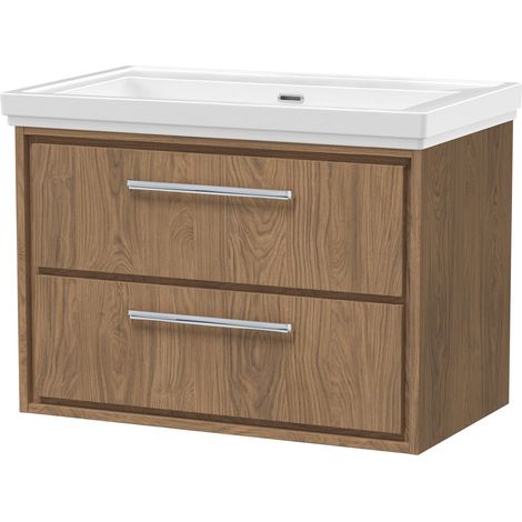 Longnor 2 Drawer Wall Hung Vanity Unit with 0 Tap Hole Traditional Fireclay Basin, Antique Oak, 800mm