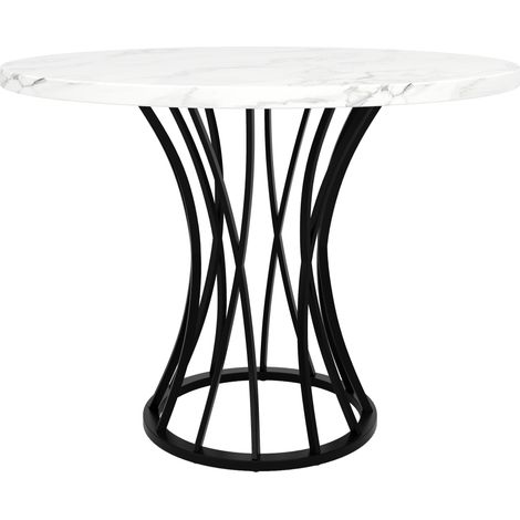 Tavolo da pranzo rotondo 80 x 80 x 76 cm in MDF e metallo, piano effetto marmo bianco, gambe nere (1/5)