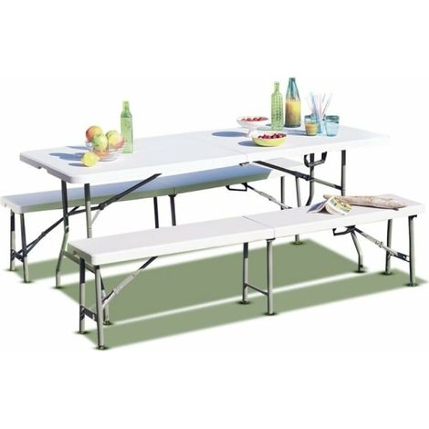 Terre Jardin – Lot de table pliante 8 places blanche – 2 bancs pliants 4 places en acier – Dimensions table 180x74x74 cm – Poignée de transport incluse