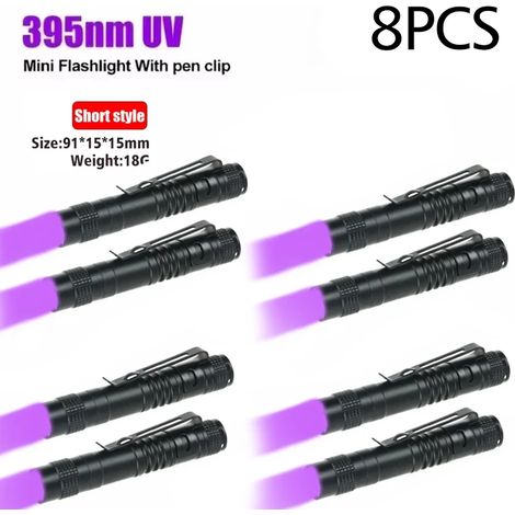Lampe torche UV 395 nm, avec clip stylo, fonctionne avec des piles AAA, lumière violette, détecteur d'urine animale et de scorpions, UVShort-8PCS (1/5)