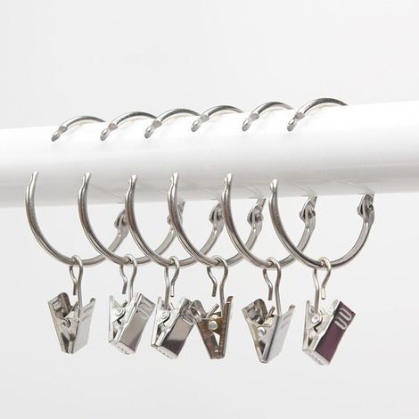 Gardinenringe, 20 Stück mit Clips, dekorative Metall-Gardinenclips, 40 mm Innendurchmesser, silberfarben, rostfrei, leicht zu öffnende Clipringe, Edelstahl 304