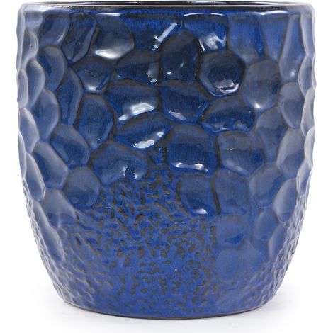 Maceta de cerámica Ø30 cm azul profundo brillante con drenaje, para balcón – MEUBLIV (1/5)