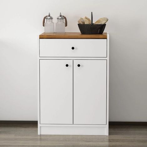 Mueble multiuso Viola blanco con 2 puertas y 1 cajón, top de roble oscuro