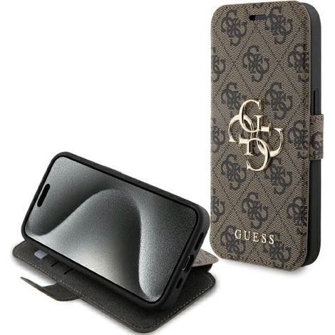 Logo Guess GUBKP15L4GMGBR iPhone 15 Pro 6,1" marron/boîtier bibliothèque 4G en métal