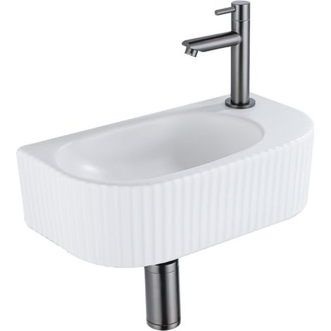 QeramiQ Fuente Ensemble de Lavabo - 40x21.5x12cm - droite - strié - demi-rond - 1 trou de robinet - céramique - ensemble de robinet gunmetal - bouchon (1/5)