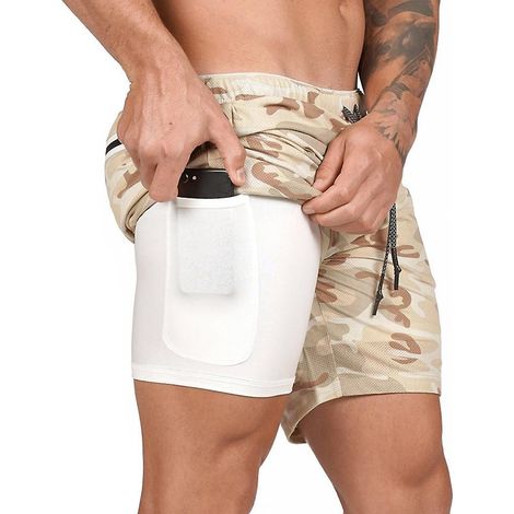 Short homme 2-en-1 running fitness léger sport gym yoga training ceinture beige