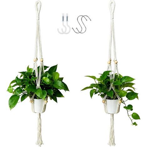 Lot de 2 - Support de Plante Suspendu - Suspension Macramé - Décoration Intérieure Boho avec Franges et Perles en Bois - Pour Salon ou Balcon - Blanc - 90 cm (1/5)
