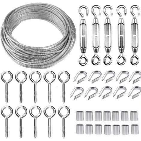 Corde en acier inoxydable 30M – Kit avec 5 tendeurs et 10 crochets – Câble de 2mm revêtu PVC – Résistant à l'abrasion et à la corrosion (1/5)
