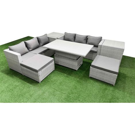 Fimous 7 PCs Rising Dining Table Set Rattan Furniture Set with 3 Seater Sofa 2 Big Footstools 2 Side Tables Light Grey (1/5)