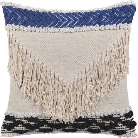 Cojín decorativo beige algodón 45 x 45 cm funda de cojín flecos texturizados relleno de poliéster Sofca (1/5)