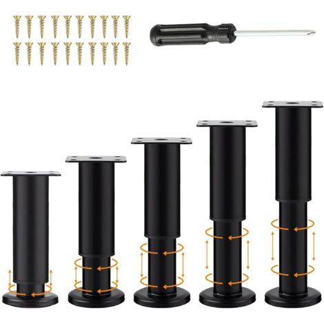 5 Pièces Pieds Meubles Noir Réglables 18-30cm, Jambe Support Canapé avec 20 Vis et 1 Tournevis, Universel Perçage sans (1/5)