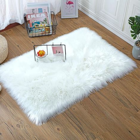 Faux Peau de Mouton Imitation Toison Moquette Peau Dagneau Tapis Fluffy Soft Longhair Décoratif Coussin de Chaise Canapé Natte (Blanc, 50x150cm) (1/4)