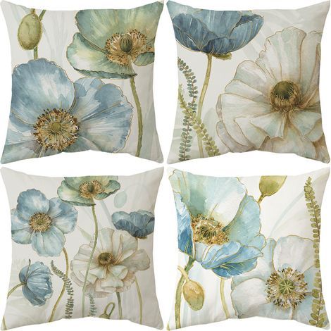 Outdoor-Kissenbezug. 4er-Set wasserdichte Sofakissenbezüge mit gelb-blauem Blumenmuster für Terrasse, Garten, Wohnzimmer und Schlafzimmer. 45 x 45 cm