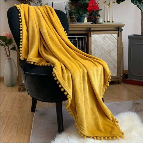1 pièce Couverture flanelle pompon, douce et moelleuse, couverture en microfibre 330 g/m², jaune moutarde, 150x200 cm, sieste canapé lit toute saison (1/5)