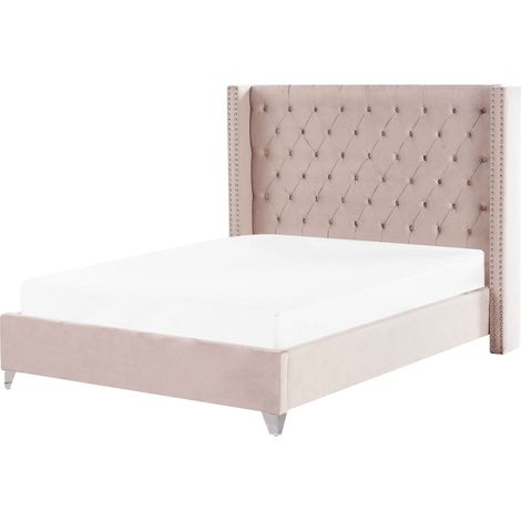 Letto con testiera alta imbottita in velluto rosa 160 x 200 cm Lubbon
