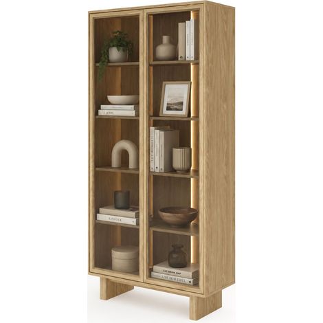 Vitrine Hasa, Ausstellungsregal 4 Böden, 2 Türen, mit LED, 94x38x195h cm, Eiche Braun