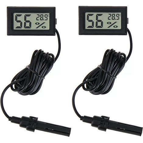 Thermomètre Hygromètre Numérique Mini avec Sonde 1,5m, 2 Pack  Capteur Précision pour Intérieur, Extérieur, Serre, Incubateur, Aquarium, Terrarium, Cave, Bureau, Chambre, Cuisine, Reptile
