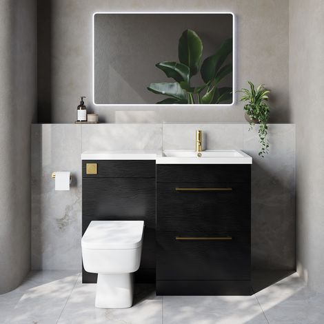 Napoli 460 Nero Oak 1100mm 2 Drawer Vanity Unit Toilet Suite with Right Hand Square Lucia Basin - 1100mm - Brushed Brass 320mm HandleWith Kingston Toilet Pan and Seat