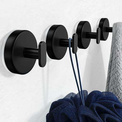 Ganchos de ducha con ventosa: Soporte extrafuerte de 6,8 kg para baño, cocina, puerta, espejo, azulejos, cristal – Toalla, esponja, abrigo, albornoz – negro mate, juego de 4