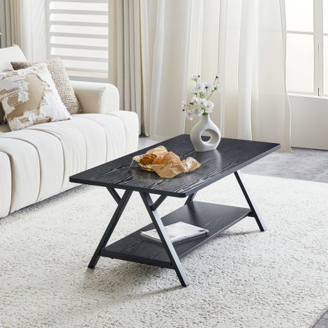 Table basse de rangement moderne de style industriel — Dotée d'une finition noire effet bois et d'une structure métallique une table de salon moderne idéale pour les bureaux à domicile, les apparteme