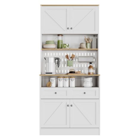 Buffet blanc élégant pour salle à manger ou cuisine – Meuble de rangement avec 2 tiroirs et 4 portes, poignées argentées, design moderne et spacieux
