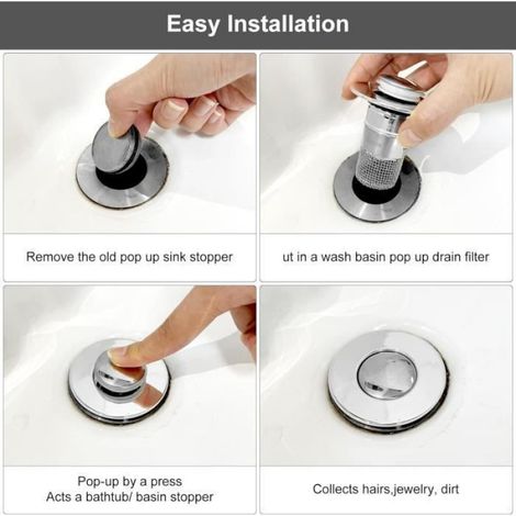 Bouchon De Lavabo INOX Bouchon De Baignoire avec Crépine Anti-Bloqué Bouchon De Vidange pour évier avec Passoire à Cheveux Filtre (1/4)