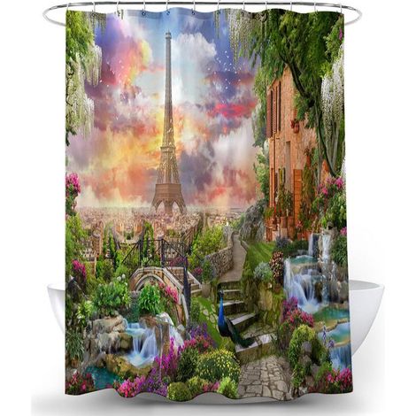 Cortina de ducha impermeable y resistente al moho con diseño de la Torre Eiffel de París y un pavo real. Cortina de baño de poliéster, 180 x 180 cm. (1/4)