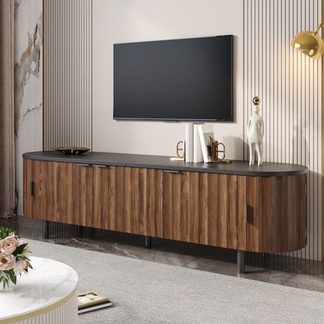 Meuble TV 170 cm, banc TV bas avec 5 portes façade cannelée et bords arrondis, rangement salon moderne, pieds métal, couleur noyer (1/5)