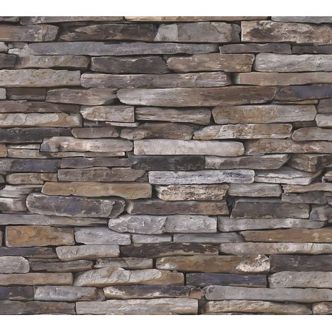 Stone tile wallpaper wall Profhome 914217 non-woven wallpaper smooth with nature-inspired pattern matt brown beige yellow 5.33 m2 (57 ft2)