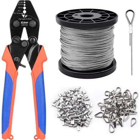 iCrimp CWR1522 Set d'outil de sertissage pour câble métallique, pince à sertir avec fonction de coupe pour 0,1 mm - 2,2 mm, sertisseur pour embouts de câble avec câble métallique et 250 pièces de