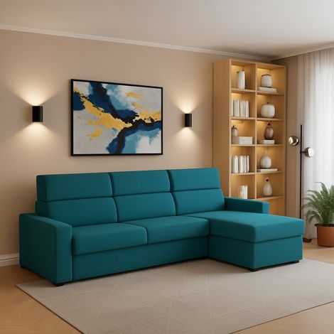 Dmora - Sofá fijo con península Valeriana, Sofá esquinero para salón, acolchado, desenfundable, calidad 100% Made in Italy, 280x160 h100 cm, Azul claro (1/5)